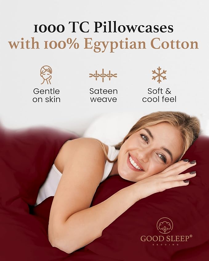 1000 TC Burgundy King Pillowcases Set of 4 100% Egyptian Cotton Pillow Cases - Image 4