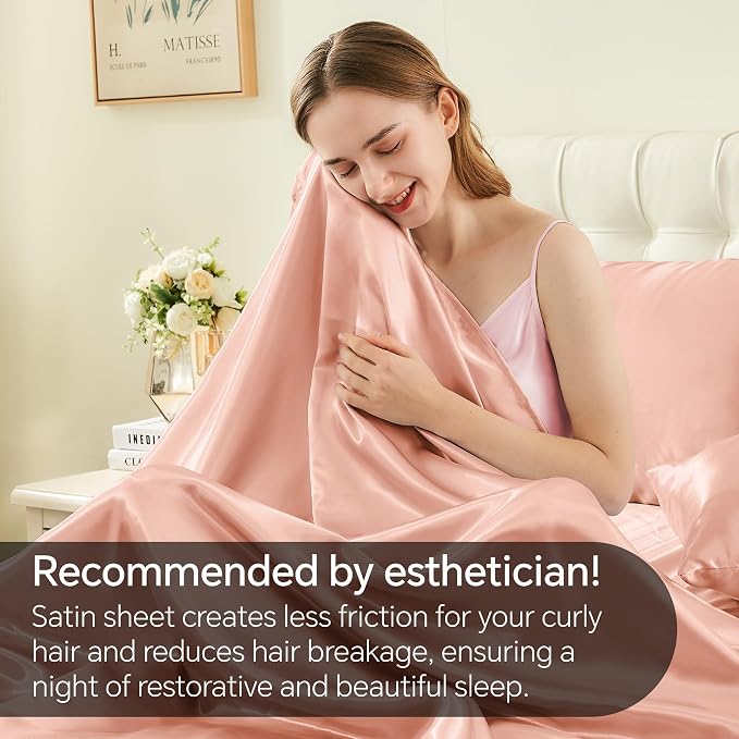 BEDELITE Satin Sheets Queen Size Bed Set, Luxury Soft Coral Pink Silky Sheets - Image 4