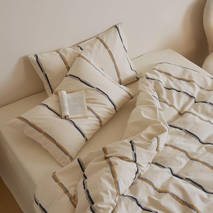 mixinni Cotton Linen Jacquard Duvet Cover Set Queen, 3-Piece Mid-Century Modern - Image 8