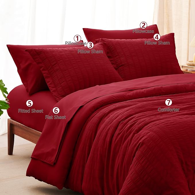 CozyLux Oversized Queen Comforter Set Dark Red Seersucker 7 Pieces 98x98 Bed in - Image 8