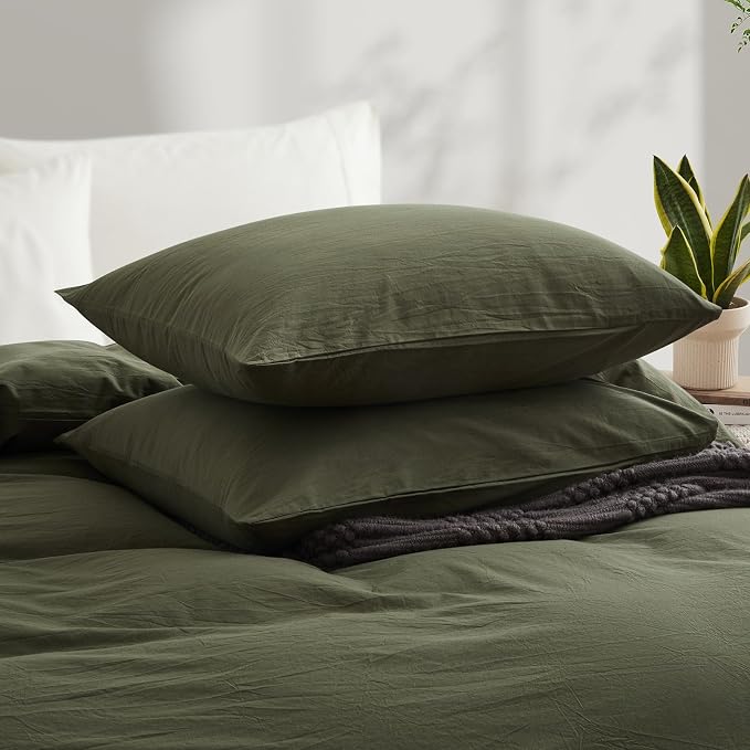 LOVQUE Olive Green Cotton Duvet Cover King Size, Linen Like Natural Bedding Set - Image 3