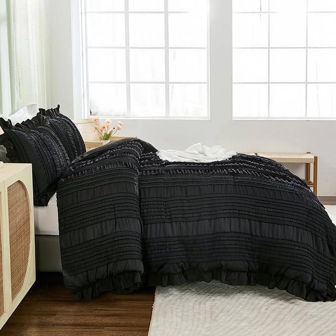 WONGS BEDDING Black Comforter Set Queen, 3 Pieces Ruffle Farmhouse Shabby Chic - Image 3