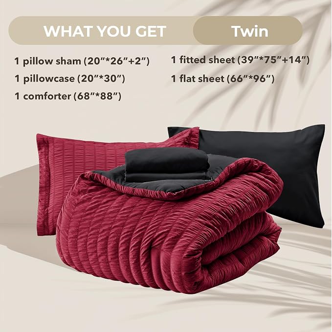 HYMOKEGE Red & Black Twin Comforter Set Seersucker 5 Pieces, All Season Luxury - Image 6
