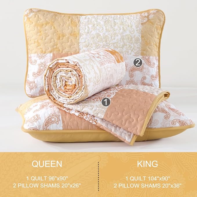 Mybedsoul Yellow Patchwork Quilt King Size, Soft Paisley Floral King Bedspreads - Image 7