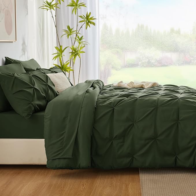 CozyLux King Size Comforter Set Olive Green, 7 Pieces Pintuck Bed in A Bag - Image 8