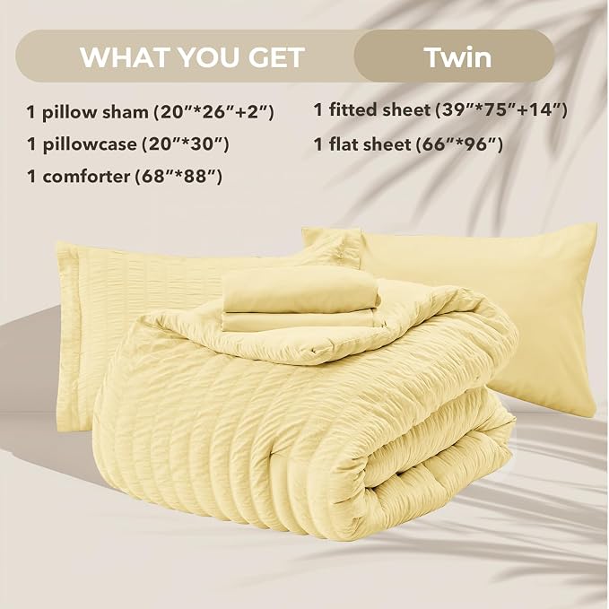 HYMOKEGE Yellow Twin Comforter Set Seersucker 5 Pieces, All Season Luxury Bed - Image 6
