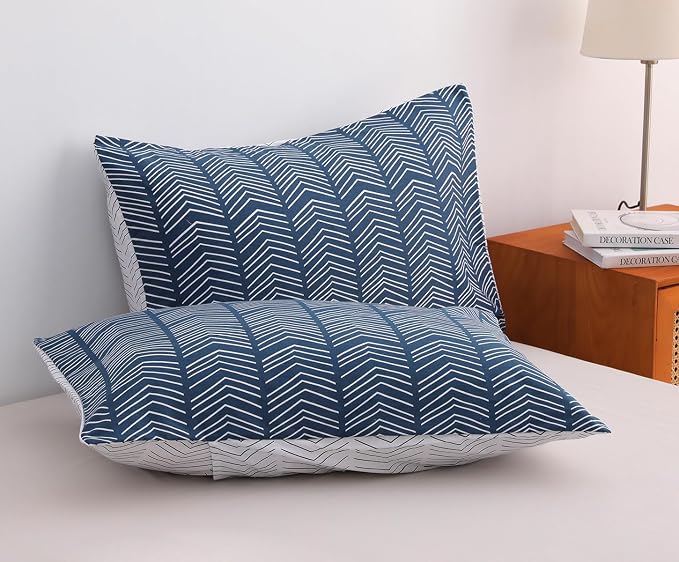 SLEEPBELLA Navy and White Duvet Cover Set, 100% Cotton Bedding, Chevron - Image 4