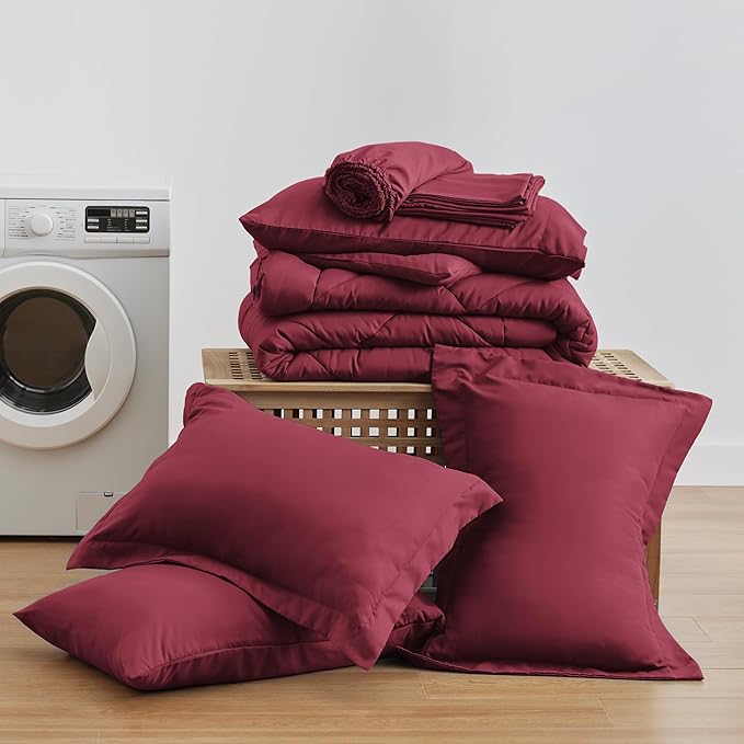 Love's cabin Queen Comforter Set Burgundy, 7 Pieces Queen Bed in a Bag - Image 6