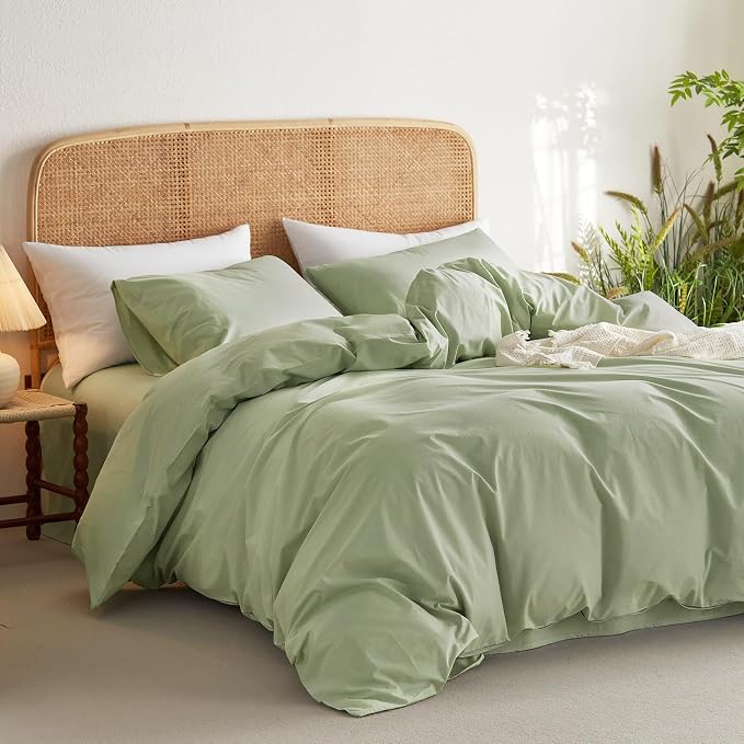 Wake In Cloud - Cotton Duvet Cover Set, Twin Size, Sage Green, 100% Washed - Image 3