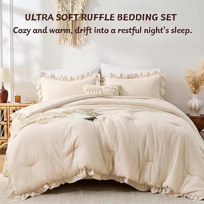 FUANNA King Size Comforter Set Beige, 3 Pieces Ruffle King Bedding Set - Image 3