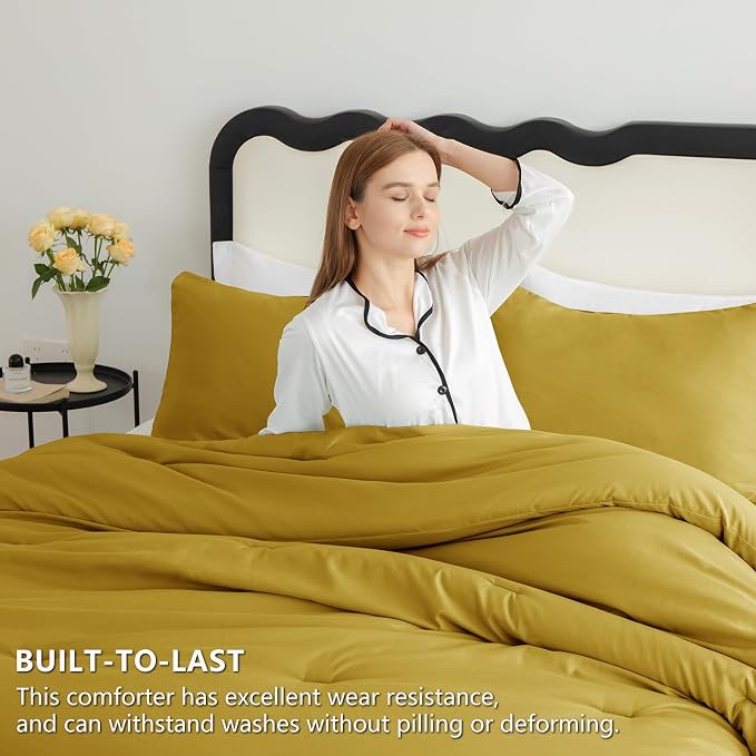 CozyLux King Size Comforter Set Mustard Yellow, 3 Pieces Solid Comforters King - Image 3