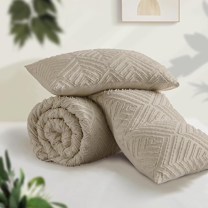 Andency Oatmeal King Size Comforter Set, 3 Pieces Boho Bedding Set & Collections - Image 3
