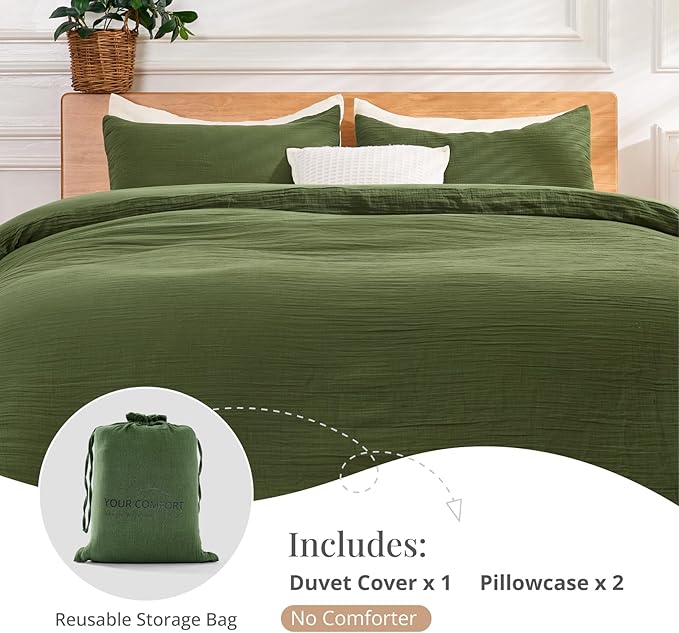 Green Duvet Cover Queen Size, 100% Sandwashed Cotton Soft Queen Duvet Cover Set - Image 6