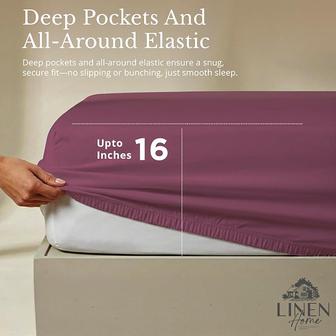Linen Home 100% Cotton Percale Sheets Twin Size, Damson Berry, Deep Pocket - Image 4