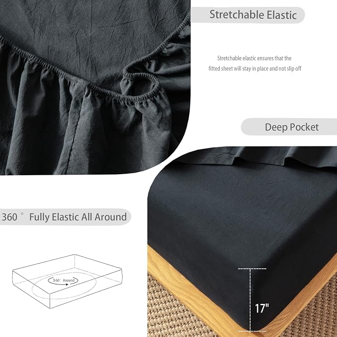 MooMee Fitted Bottom Sheet Only 100% Washed Cotton Linen Like Textured - Image 4