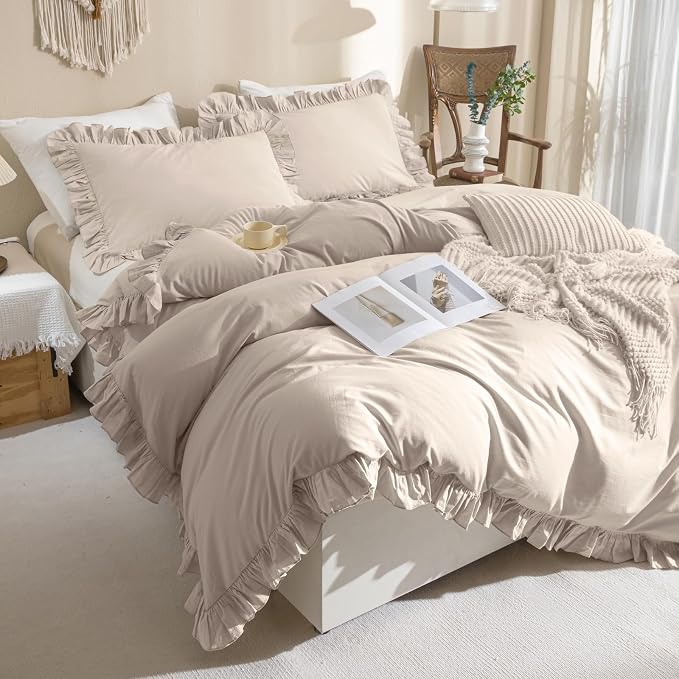 QSH Beige Khaki Ruffle Duvet Cover Queen Size Washed Cotton - Image 7