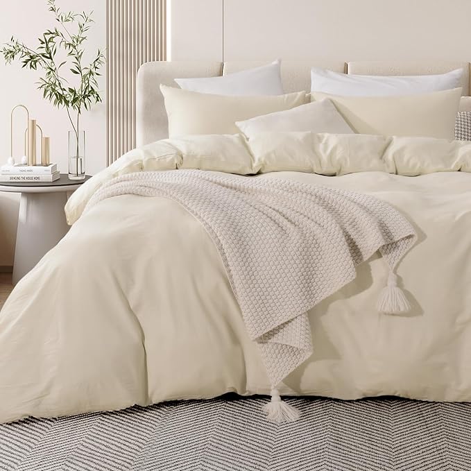 NEXHOME PRO Duvet Cover Set Oversized Queen 98"x98" Linen Feel Textured Cream by NEXHOMEPRO