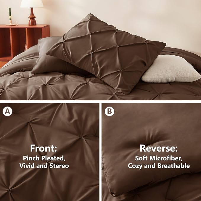 CozyLux Queen Comforter Set Brown, 7 Pieces Pintuck Bed in A Bag, Premium Brown - Image 3