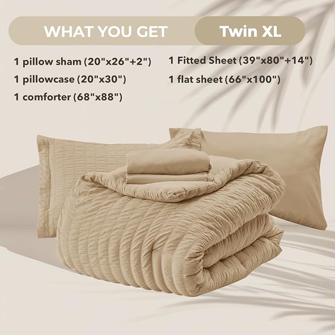 HYMOKEGE Khaki Twin XL Comforter Set Seersucker 5 Pieces, All Season Luxury Bed - Image 5