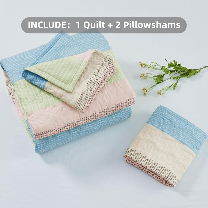 Andency King Size Quilt Set Blue Pink, 3 Pieces Summer Ultra Soft Lightweight - Image 6