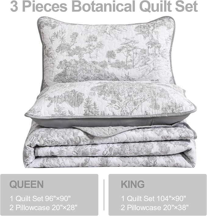 WONGS BEDDING Grey Quilt Set Twin Size, 2 Pieces Botanical Bedspreads Set - Image 4