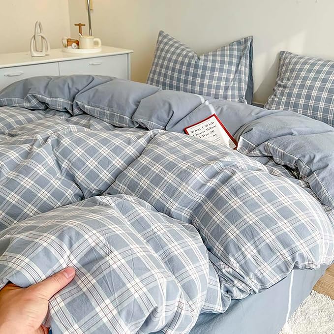Nayoroom Plaid Duvet Cover Queen Size Blue Checkered Gingham Duvet Cover 3 Pcs - Image 5