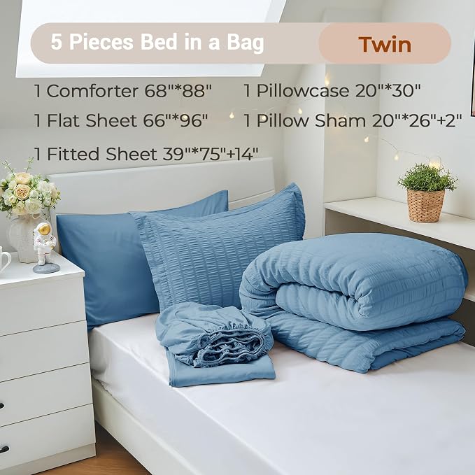 MUXHOMO 5 Pieces Twin Comforter Set, Seersucker Bed in a Bag Twin Size - Image 4