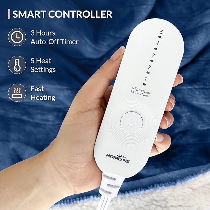 HOMLYNS LuxeHeat Heated Blanket Electric Blanket, Soft Flannel Sherpa Heated - Image 2