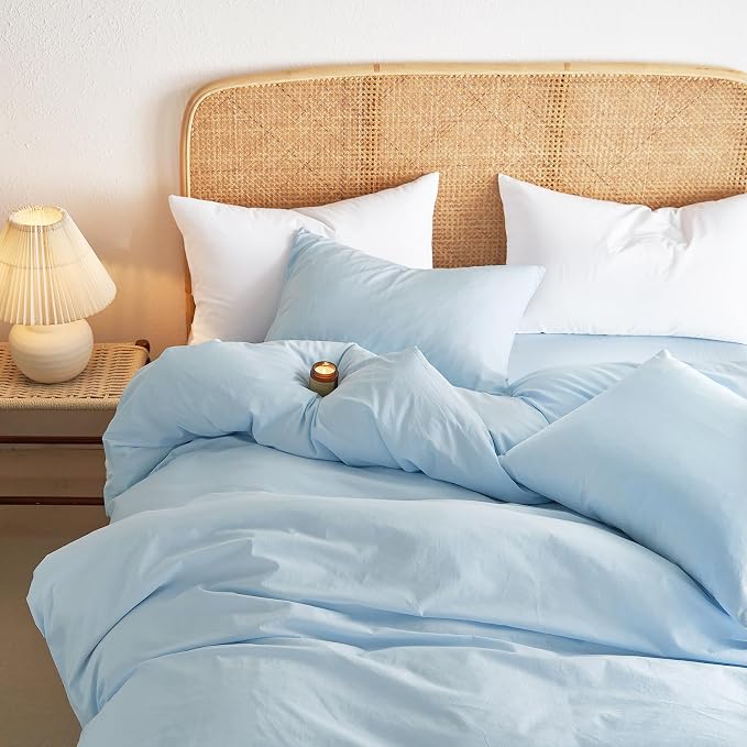 Wake In Cloud - Cotton Duvet Cover Set, Queen Size, Sky Blue, 100% Washed Cotton - Image 5