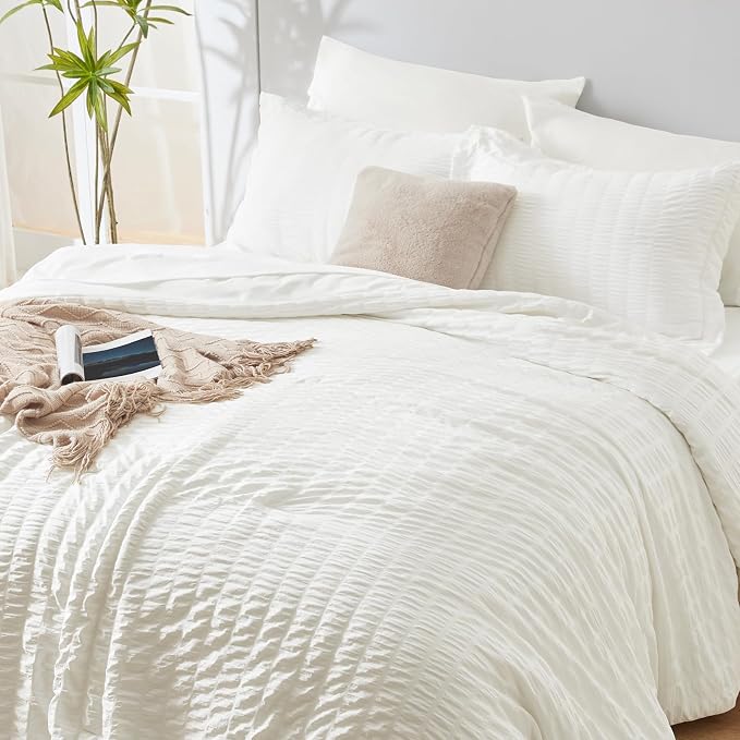 CozyLux Queen Comforter Set Ivory Seersucker 7 Pieces Bed in a Bag Queen - Image 7