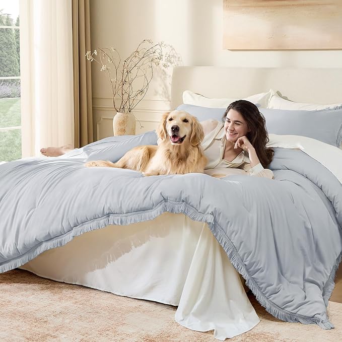 Andency Light Grey Comforter Set Queen, 3 Pieces Boho Tassel Lightweight - Image 3