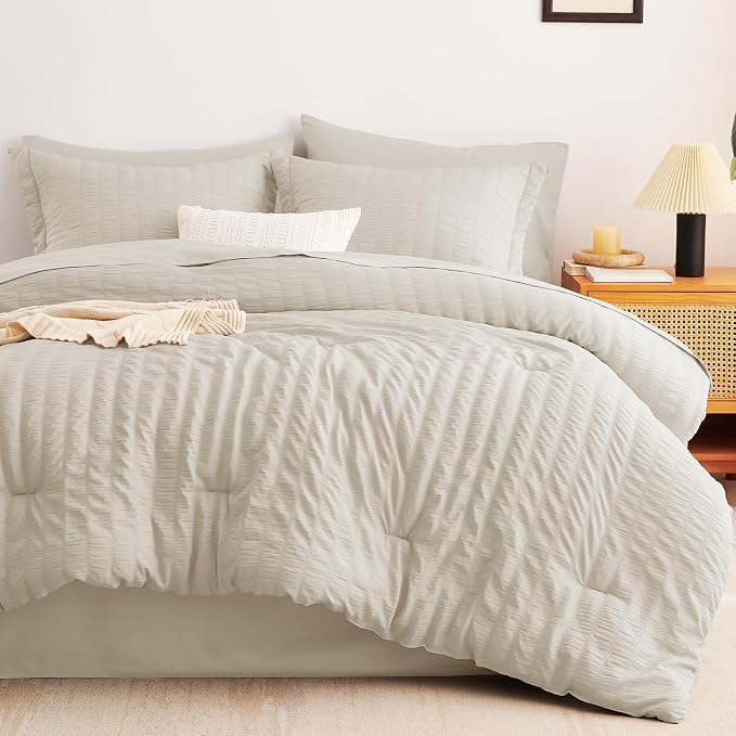 CozyLux Queen Comforter Set Oatmeal Seersucker 7 Pieces Bed in a Bag Queen - Image 9