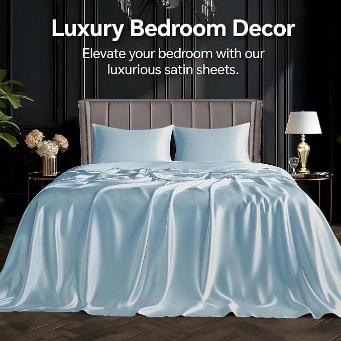 BEDELITE Satin Sheets Twin XL Size Bed Set, Luxury Soft Light Blue Silky Sheets - Image 2
