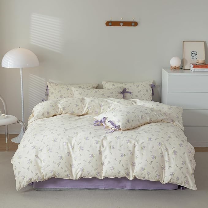 mixinni Lavender Flower Duvet Cover King Cotton Teenage Girls Flower Leaf Print by mixinni