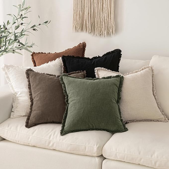 MIULEE Decorative Throw Pillow Covers Neutral Linen Fringe Throw Pillows Set of - Image 5
