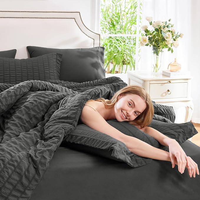 CozyLux Oversized King Comforter Set Dark Grey Seersucker 7 Pieces 120x98 Bed - Image 8