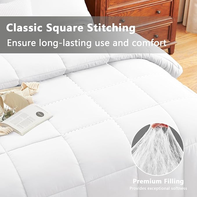 CozyLux Oversized King Comforter Set, 3 Pieces White 120x98 Box Stitched Design - Image 2