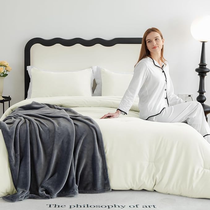 CozyLux Queen Comforter Set Ivory, 3 Pieces Solid Comforters Queen Size - Image 8