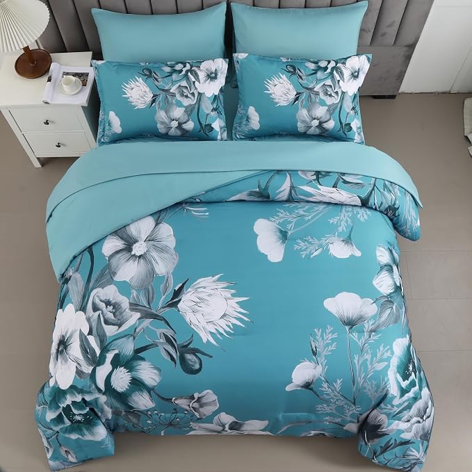 Luxudecor Floral Comforter Set Queen Size 7 Piece, Teal Blue Flower Bed in a Bag - Image 3