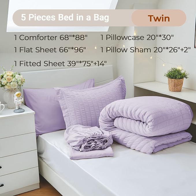 MUXHOMO 5 Pieces Twin Comforter Set, Seersucker Bed in a Bag Twin Size - Image 4