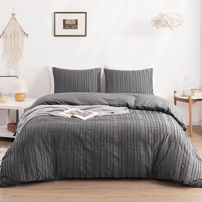 WARMDERN Gray Boho Duvet Cover Set Queen Size, Striped Textured Duvet Cover by WARMDERN