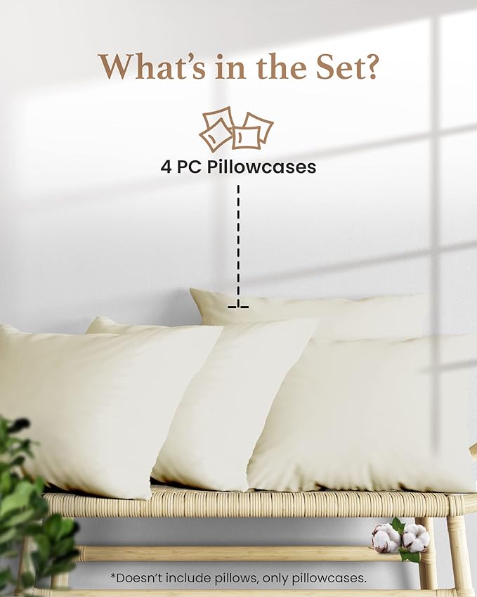 1000 TC Ivory King Pillowcases Set of 4 100% Egyptian Cotton Pillow Cases - Image 2