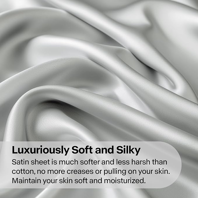 BEDELITE Satin Sheets Twin XL Size Bed Set, Luxury Soft Grey Silky Sheets - Image 3
