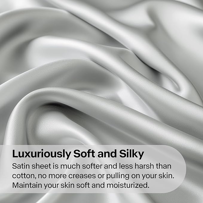 BEDELITE King Size Sheets Set, Luxury Soft Grey Satin Sheets - Image 3