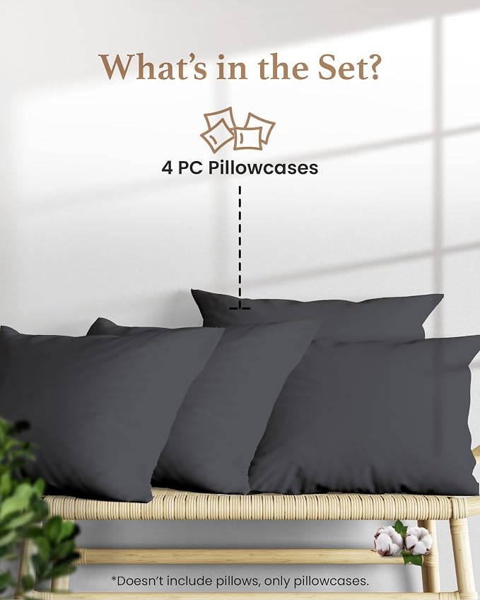 1000 TC Dark Gray Standard Pillowcases Set of 4 100% Egyptian Cotton Pillow - Image 2