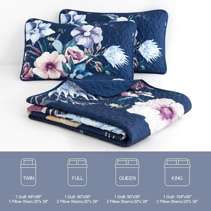 Drucon Blue Floral Quilt Set King Size 3 Pieces Blue Botanical Flower Quilt - Image 7