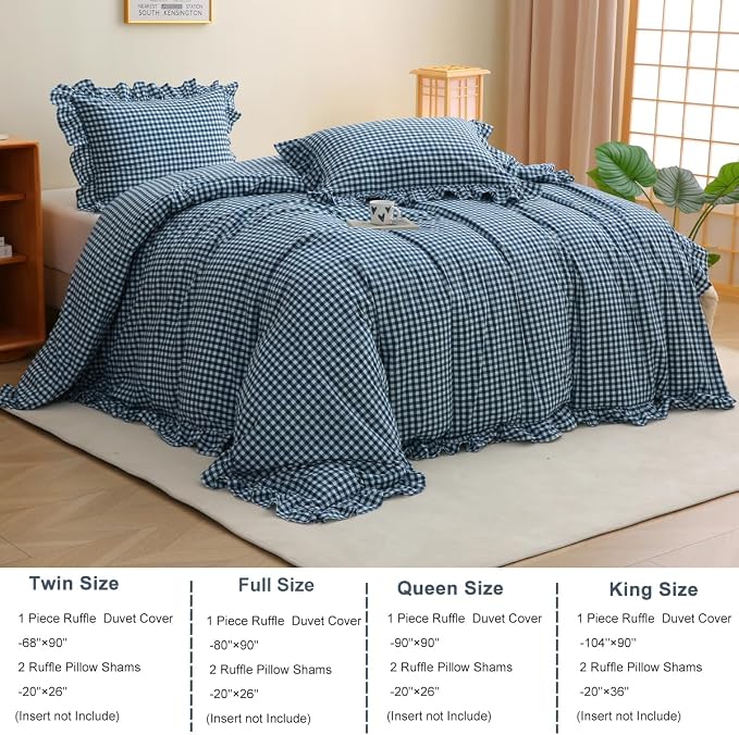 Silnuo Navy Blue/White Plaid Ruffle 3-Piece Duvet Cover Set Full Size, Washed - Image 2