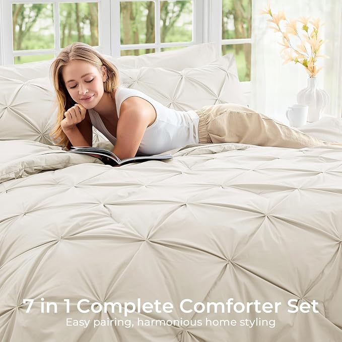 Sasttie Full Size Comforter Set, 7-Piece Bed in a Bag Double, Pintuck Bedding - Image 6