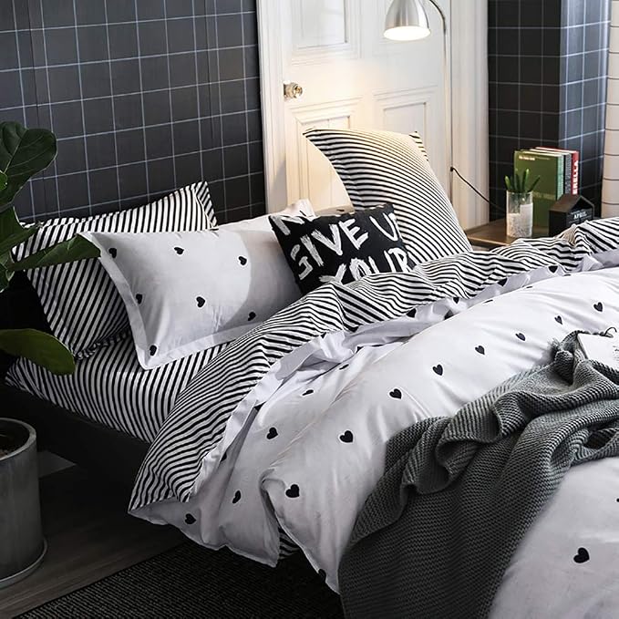 Omelas Kids Heart Love Queen Duvet Cover Set Black and White Teens Girls Lovely - Image 3
