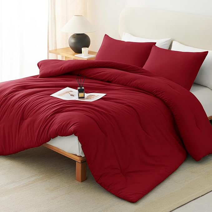 CozyLux Full Size Comforter Set Dark Red, 3 Pieces Solid Breathable Quilted - Image 8